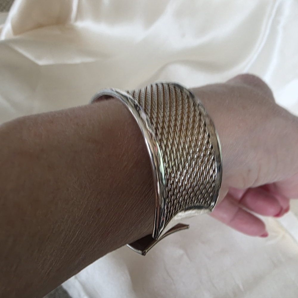 Sterling Silver & Gold Wide Mesh Cuff Bracelet - Picture 8 of 8
